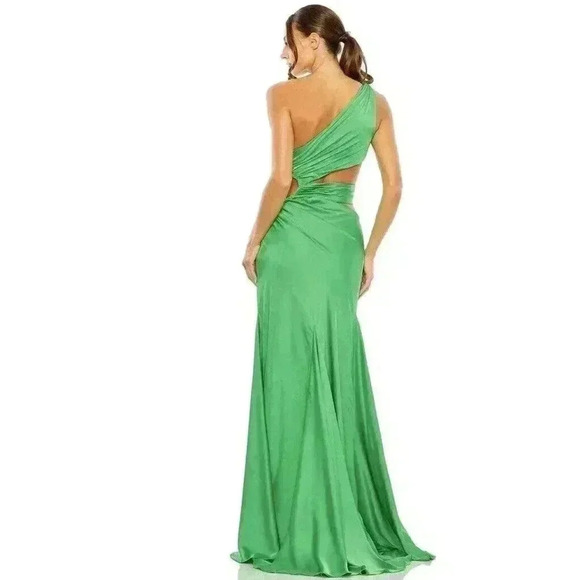 MAC DUGGAL Cutout Maxi Dress Green One Shoulder Satin Party Gown Prom 2 XS 68485 - Picture 3 of 9